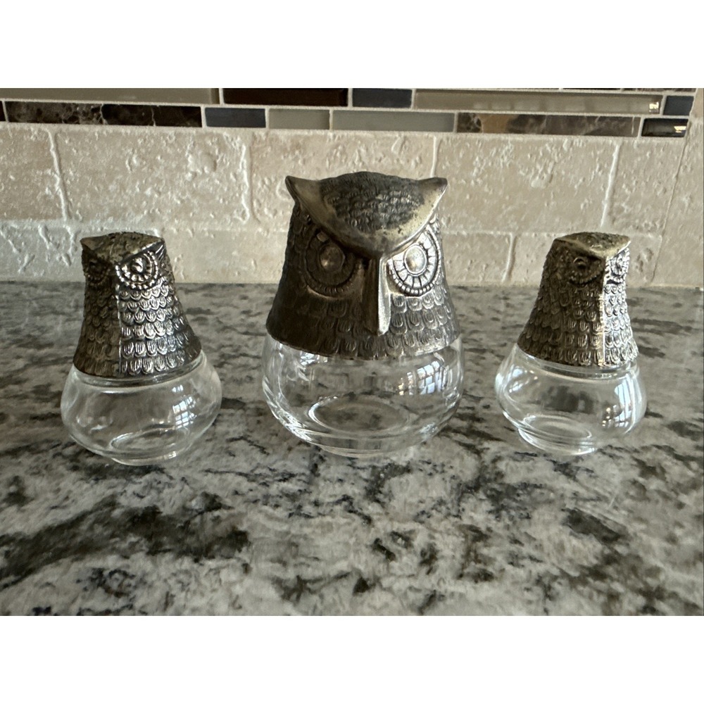 Vintage Silver Plated Wise Owl Glass Jam Jar and Salt & Pepper Shakers